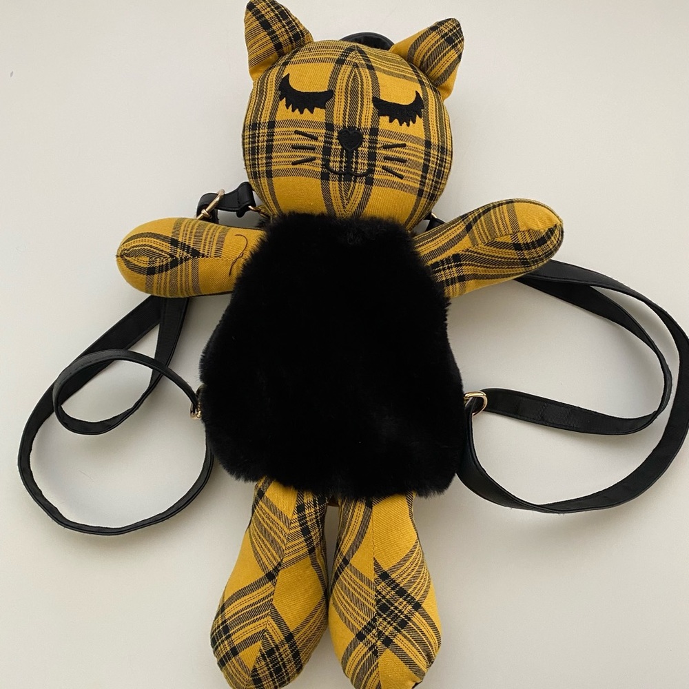 Y2K style Yellow Plaid Betsey Johnson cat zipper back backpack with gold accents